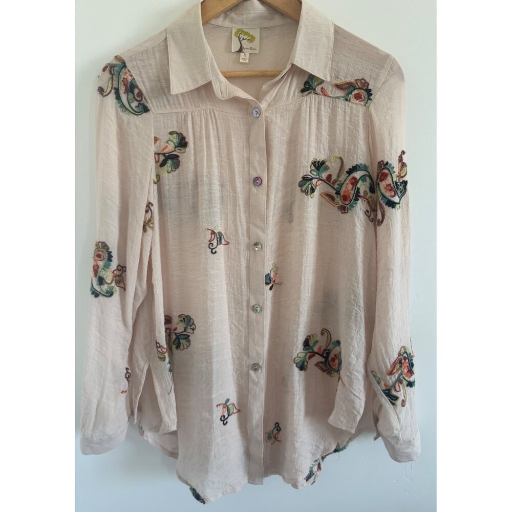 Fig And Flower Blush Tone Womens S  Embroidered Long-Sleeve Blouse Cottage Fairy